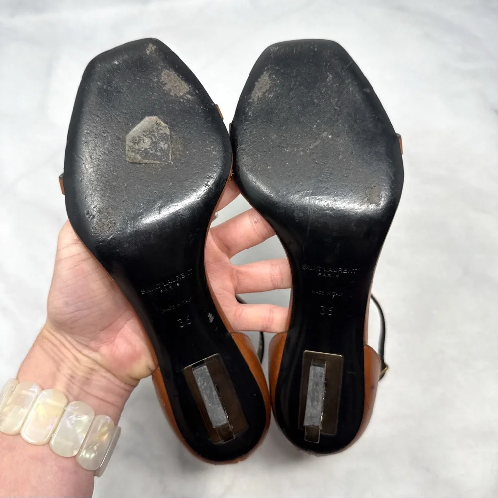 Saint Laurent Opyum 85 Leather YSL Cassandre Monogram Metal Heel Sandal Brown 36 - Picture 12 of 16